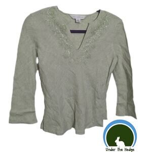 Y2K Beaded Light Green Linen Flare Sleeve Top Size 2 woodland fairy elven